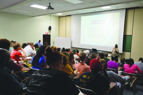 LaTasha Brand, assistant dean of students, leads the leadership session for presidents and vice presidents. She went over changes in policies, important dates and other information for student organization leaders.