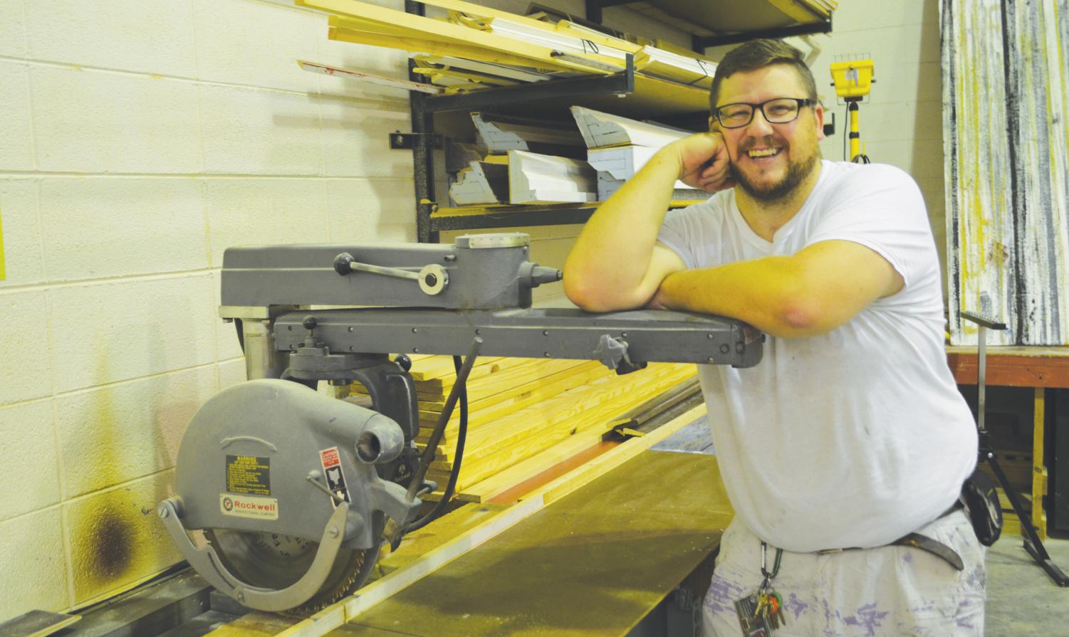 Professor Jared Cole builds set designs for FMU Theatre Department. This is his first semester working at FMU.