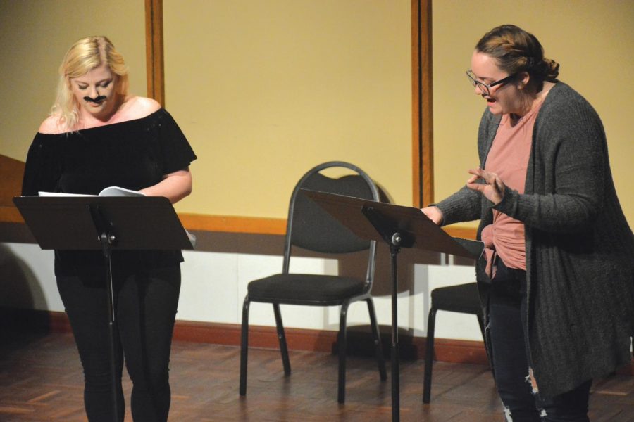 Kylie Cracknell and Rebecca Perkins perform Not About Socks, one of the four plays written by students for Gender Awareness Week. 