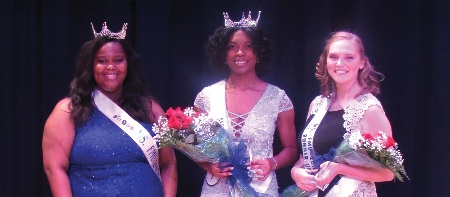 Ms. FMU 2018 Kennedy Glasgow shares the stage with first runner-up Chloe McCaskill and former Ms. FMU Marcedes Smith.