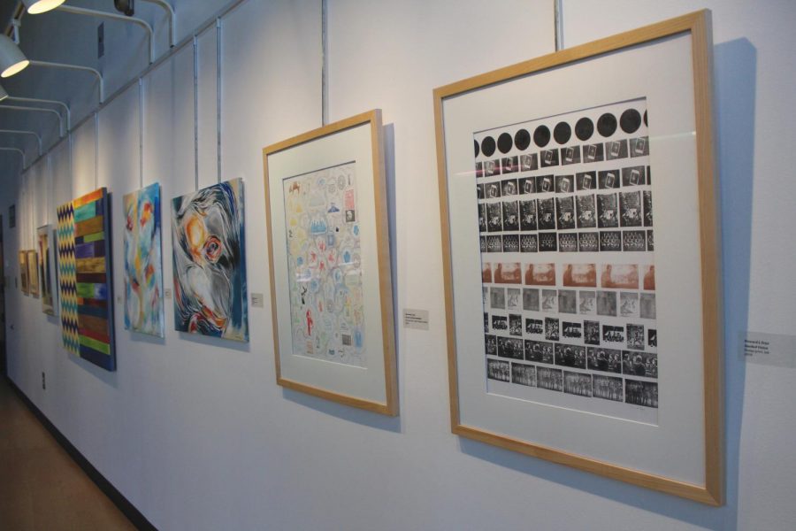 From right to left, Howard Frye illustrates his collection of stamps from his travels. He is followed by two abstract pieces by EunJung Chang. 
