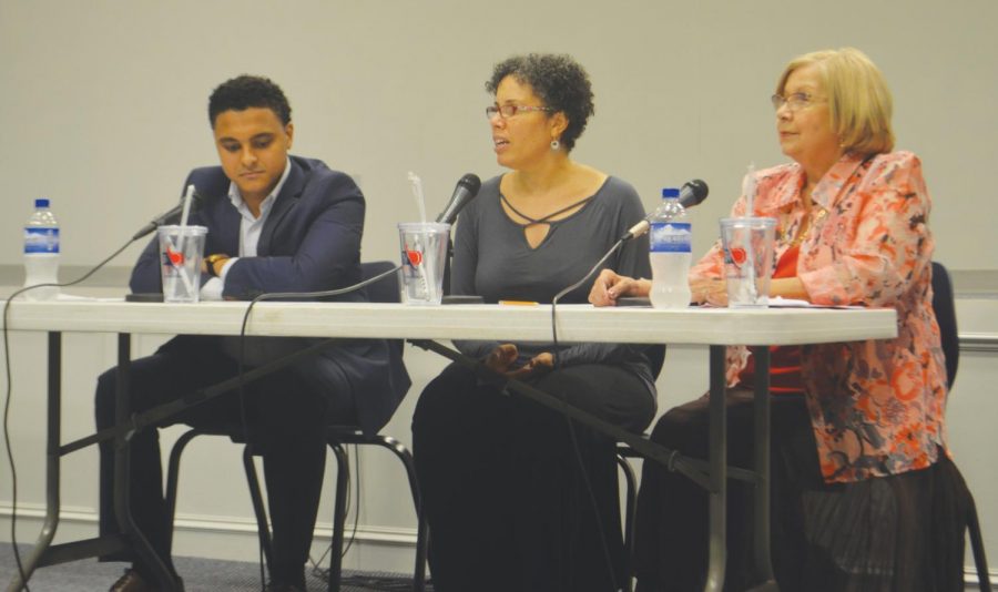 Panelists Michael Youssef, Adalia Ellis-Aroha and Paula McGill speaking to FMU students during an open floor discussion celebrating Hispanic Heritage Month on Sept. 27.