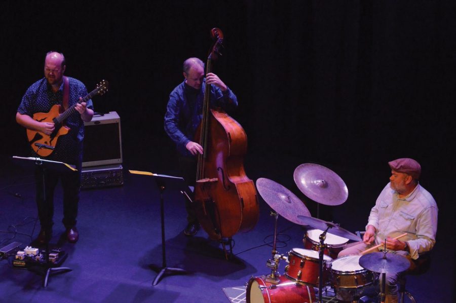 Members of the Brian Jones Trio playing for a crowd of music lovers at the Performing Arts Center on Sept. 26. Jones has recorded music with Jason Mraz, Boyd Tinsley and others. 