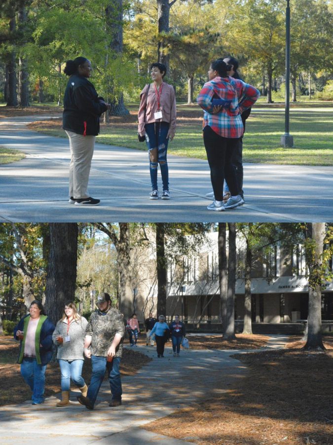 TOP: Student diplomat Tiffany Murphy speaks to prospective students outside Smith University Center during open house. 
BOTTOM: Prospective students and family finish a tour of FMUs campus. 