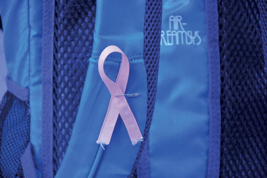 One of the pink breast cancer awareness ribbons that were passed out by the Diplomats.