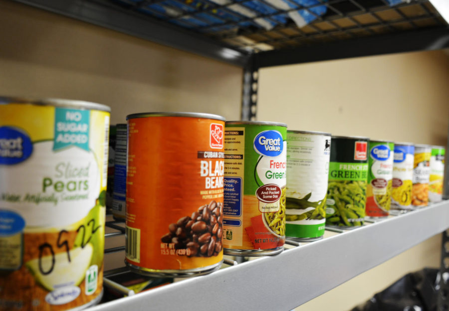Different types of canned goods reside in the food pantry for students to use, free of charge.  