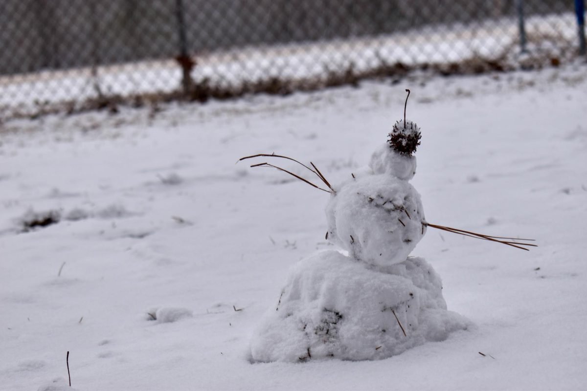 A miniature snowman stands as snow falls on campus, one of many creations left behind as students took advantage of wintry conditions (Jan. 31, 2026).